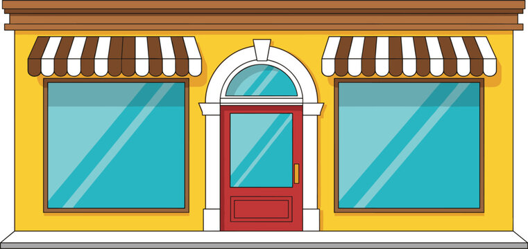 Retail storefront vector illustration featuring shop facade with large display windows, striped awnings and entrance door in clean flat design style