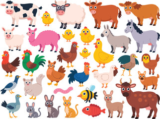 Obraz premium Collection of diverse cartoon farm animals and insects illustrated in a cheerful and vibrant style