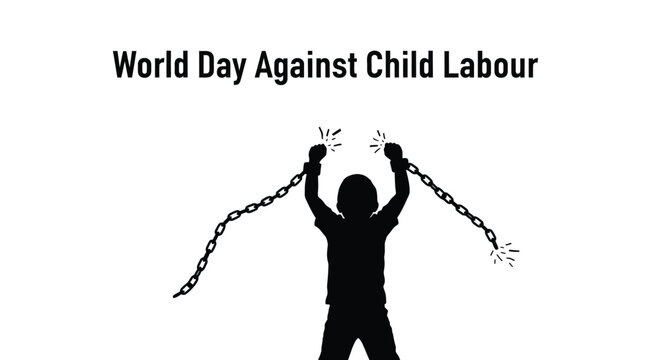 Powerful vector illustration of a child silhouette breaking chains, representing freedom from child labor