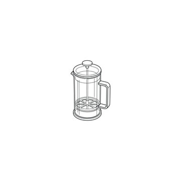 Minimalist hand-drawn sketch of a French press coffee and tea maker, simple black and white ink illustration of a classic manual brewer with plunger and filter, isolated on white background, retro cof