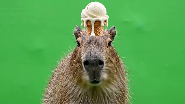 A capybara with an ice cream cone balanced on its head, looking directly at the camera against a vibrant green background.