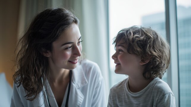 A compassionate pediatric geneticist gently examining a young child with Cornelia de Lange Syndrome in a modern hospital room