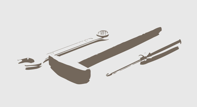 Stylized minimalist golf putter and ball illustration on grey background