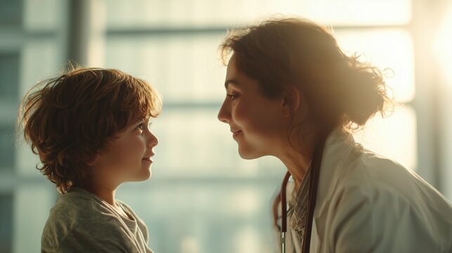 A compassionate pediatric geneticist gently examining a young child with Cornelia de Lange Syndrome in a modern hospital room