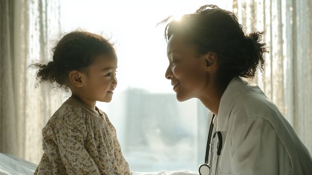 A compassionate pediatric geneticist gently examining a young child with Cornelia de Lange Syndrome in a modern hospital room