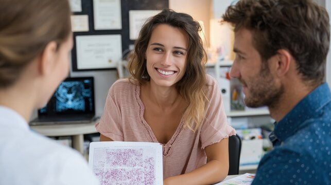 Cornelia De Lange Syndrome: A genetic counselor showing a young couple a detailed chromosome karyotype chart in a modern clinic office, empathetic conversation
