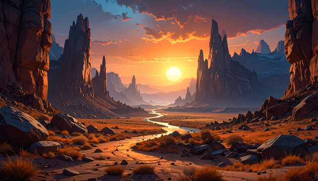 Majestic Desert Canyon at Sunset with Winding River.