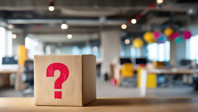 Brown cardboard box with a large red question mark on a wooden surface