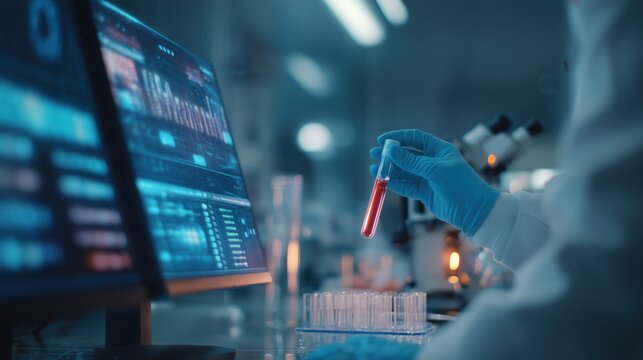 Scientist in gloves analyzing blood sample for genetic testing, transparent screen showing DNA sequencing data related to Cornelia de Lange Syndrome, bright sterile environment