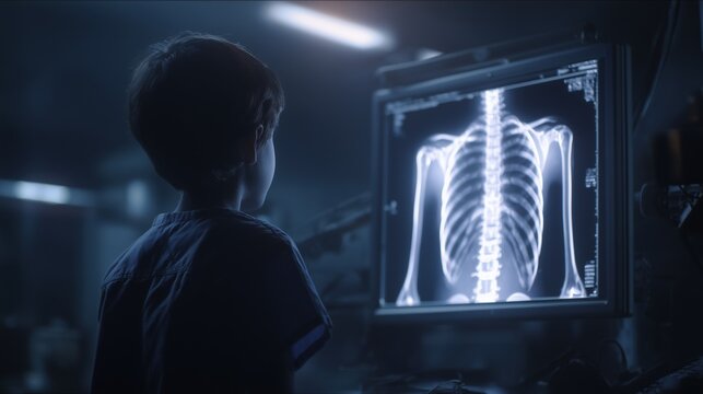 Radiology room scene, X-ray monitor displaying a child&rsquo;s skeleton with features associated with Cornelia de Lange Syndrome, soft glow from screen illuminating dark room 