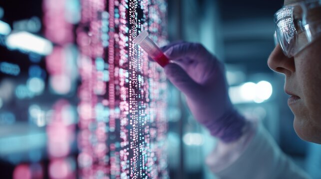 Scientist in gloves analyzing blood sample for genetic testing, transparent screen showing DNA sequencing data related to Cornelia de Lange Syndrome, bright sterile environment