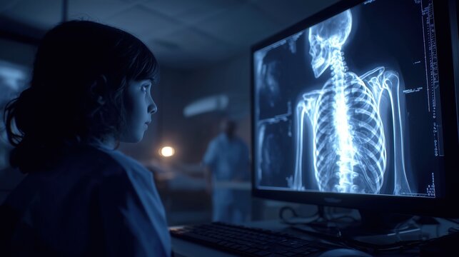 Radiology room scene, X-ray monitor displaying a child&rsquo;s skeleton with features associated with Cornelia de Lange Syndrome, soft glow from screen illuminating dark room  
