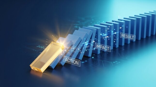Dominoes falling in a chain reaction represent the interconnected process of taking swift action which inevitably leads to a significant impact and a final measurable project result successfully.