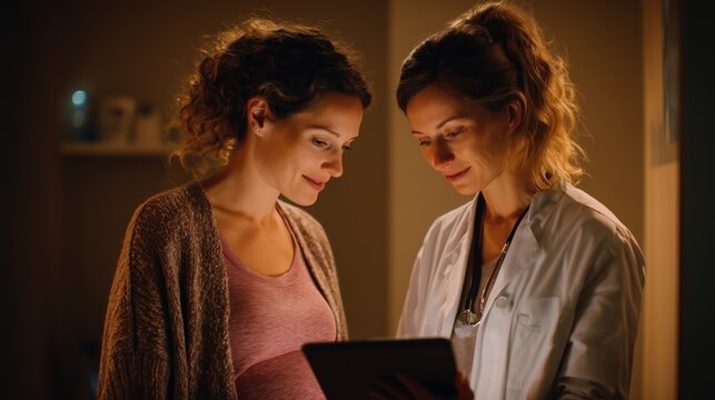 A pregnant woman consulting with a doctor, both looking at prenatal screening results on tablet, subtle genetic data overlay related to Cornelia de Lange Syndrome