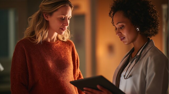 A pregnant woman consulting with a doctor, both looking at prenatal screening results on tablet, subtle genetic data overlay related to Cornelia de Lange Syndrome