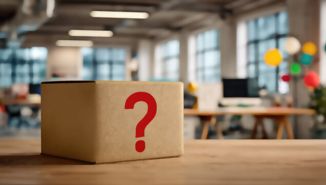 A brown cardboard box with a red question mark sits on a wooden surface
