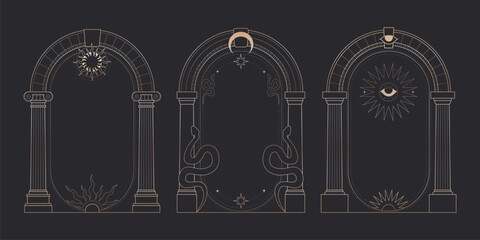 Plakat Celestial arch frames set with mystic moon, sun and stars on black background. Vector illustration of elegant golden boho borders with antique Greek pillars, esoteric and astrology cards design
