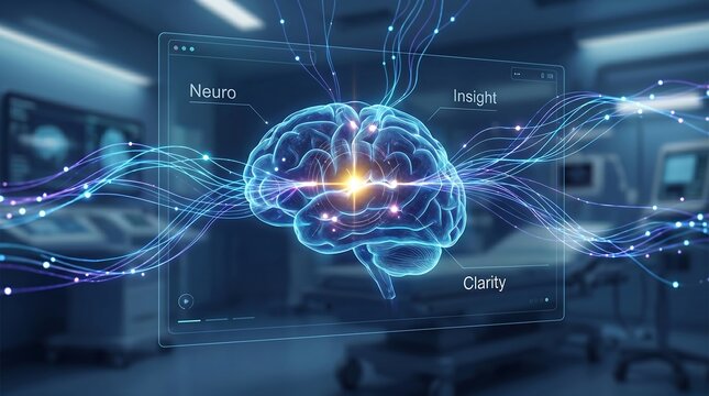 Brain glowing with neural pathways displayed on a clinical interface highlights the advancement of neurotechnology and the systematic approach to medical research, cognitive health, and clarity.
