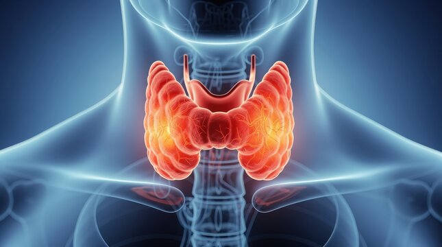 A detailed illustration of the human thyroid gland, highlighting its position and function within the neck area.