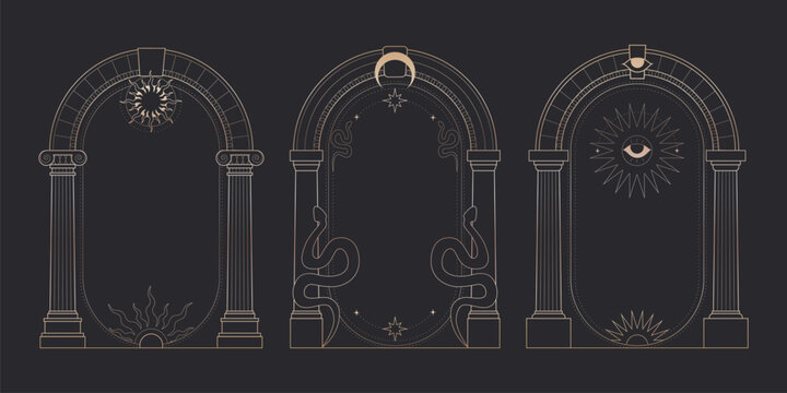 Celestial arch frames set with mystic moon, sun and stars on black background. Vector illustration of elegant golden boho borders with antique Greek pillars, esoteric and astrology cards design