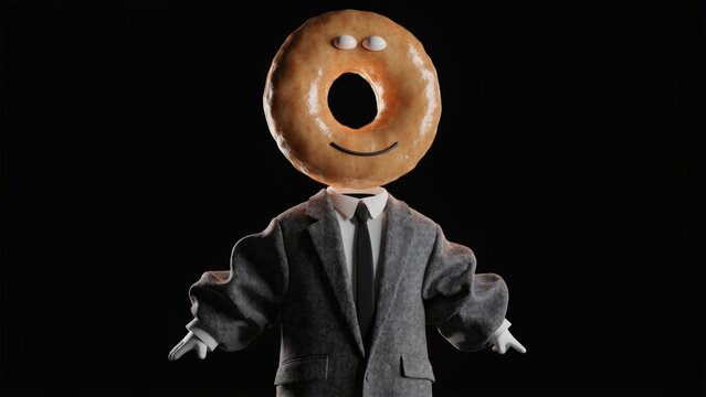 Whimsical donut character wearing a business suit with a friendly smile