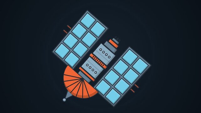 Flat vector illustration of an artificial satellite with solar panels and antenna in deep space