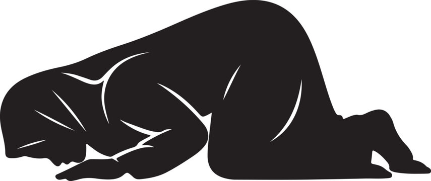Muslim Man Prostration Sujood Silhouette Vector for Islamic Prayer Illustration, Ramadan Design and Religious Branding