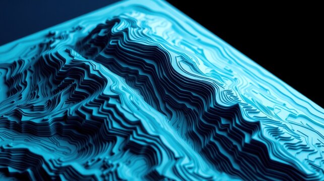 Abstract blue layers create topographic map illusion. Smooth curves suggest depth, texture, digital rendering. Minimalist design, dark background.