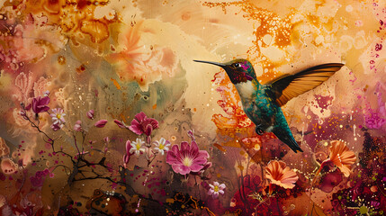 Obraz premium Vibrant hummingbird in flight amidst colorful floral background