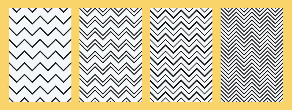Seamless pattern set, black zigzag stripes on a white background, simple linear design, textile print, geometric ornament, vector illustration.