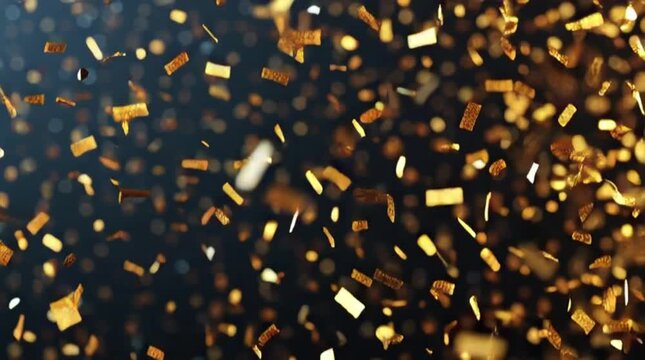 Abstract Golden Glowing Particles and Floating Confetti Rain