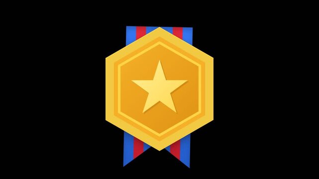 3D Golden Hexagonal Achievement Medal with Star Icon and Striped Ribbon for Gaming and Business Reward