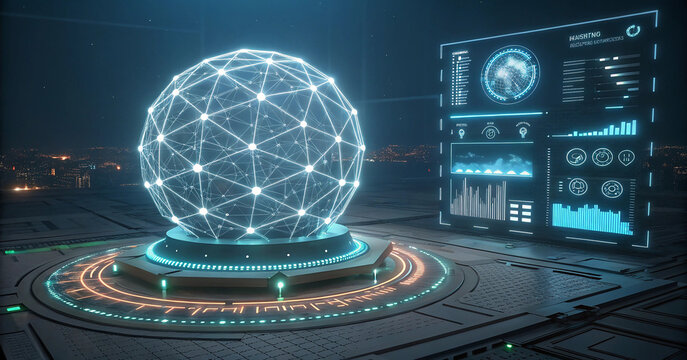 Global business networking concept with luminous 3D sphere and professional data dashboard.Futuristic digital city control panel with glowing network globe and real-time data charts