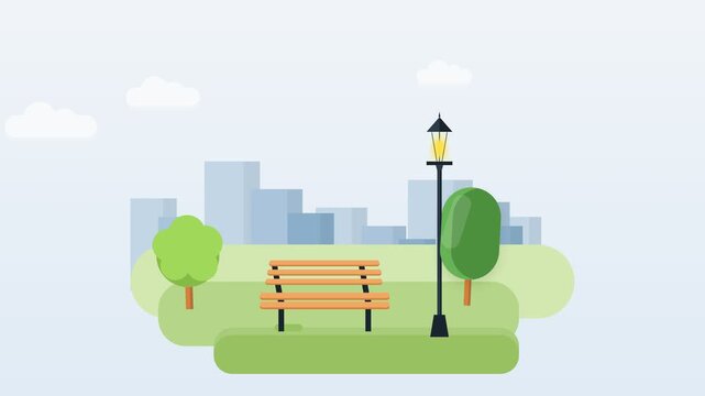 Flat Vector Animation of a Minimalist Urban City Park with Bench Trees and Lamppost