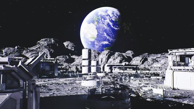 lunar cargo depot with storage containers and docking bay, loading cranes, forklifts, conveyor belts, logistical vehicles, organized supply chain for base