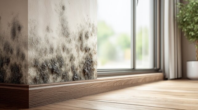 Close-up of mold spores growing behind the baseboard at the bottom of a window 