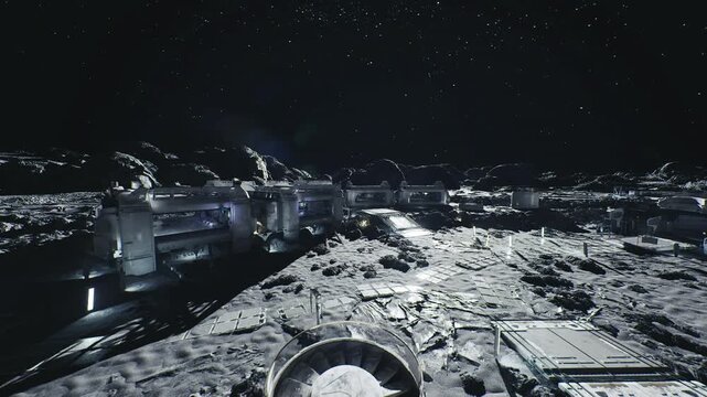 moon relay antenna array atop ridge, dish clusters pointed to starfield, transmitter modules and control platforms, signal beacons glowing, telemetry lights