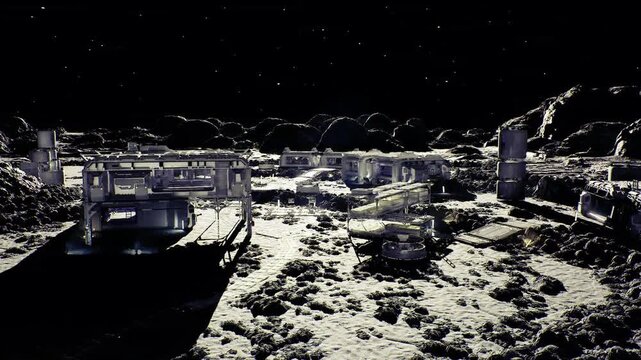 lunar outpost modules under starfield sky, rocky regolith foreground, isolated habitats with solar panels and antenna arrays, maintenance rover parked