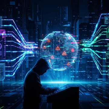 Abstract representation of cyber warfare showing digital attacks and global network disruption in a high-tech environment.