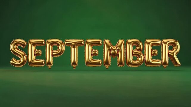 Golden September foil balloons spelling S E P T E M B floating on vibrant green background for