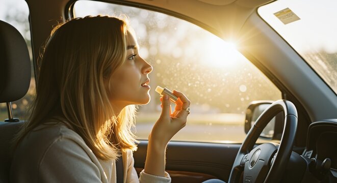 Young woman applying lip balm in her car during sunny golden hour. Female driver practicing self-care beauty routine while traveling at sunset