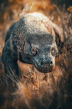 Close up portrait of a Komodo dragon in its natural habitat.