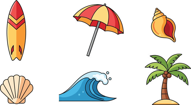 Colorful beach including surfboard, umbrella, conch shell, palm tree, wave, and scallop shell