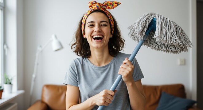 Happy young woman laughing while cleaning house with mop. Cheerful housewife having fun during domestic chores. Positive housekeeping concept