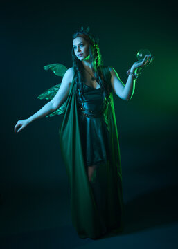 portrait of female model wearing fantasy fairy costume, green dress, cloak, butterfly wings and crown. full length standing pose, holding  magical crystal orb.  isolated on dark studio background.