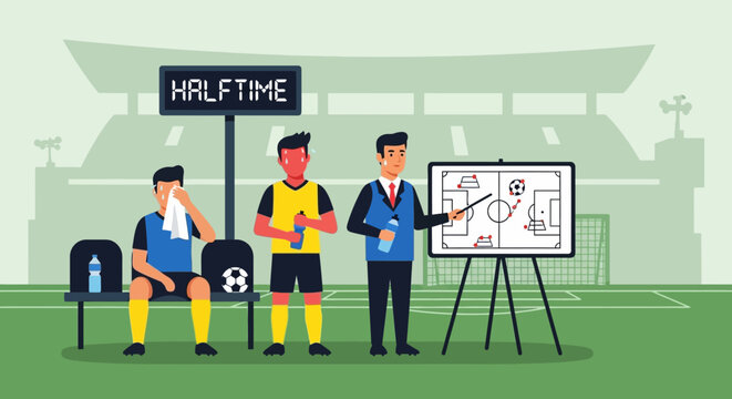 Sports Coach Explaining Strategy to Soccer Players During Half Time Break with Tactics Board at Stadium