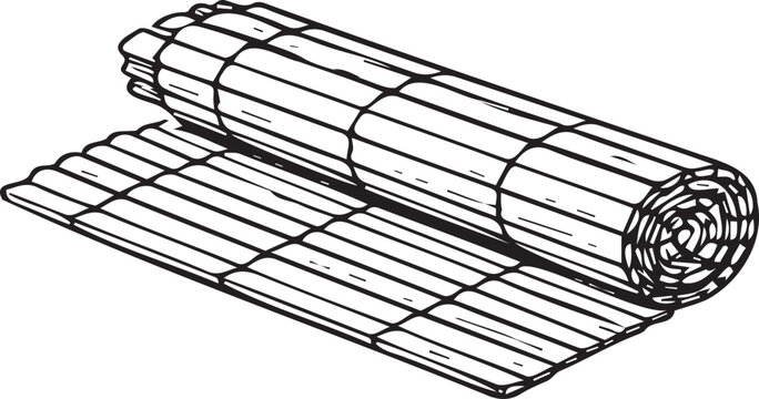 Minimal black and white line art of bamboo sushi rolling mat (makisu). Clean hand drawn illustration isolated on transparent background, perfect for Japanese food design, sushi menu, packaging and ico