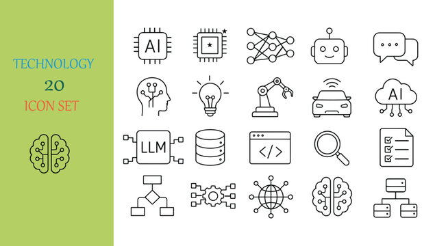 Technology AI Icon Set &ndash; 20 Modern Artificial Intelligence, Machine Learning, Robotics & Digital Innovation Line Icons