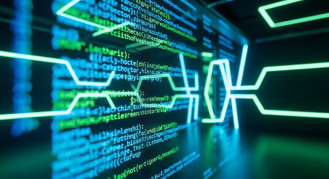 Blue digital binary code data flow with glowing lines and nodes digital data