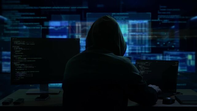 Concealed Individual In Dark Attire Manipulating Several Computer Interfaces During Late Hours
